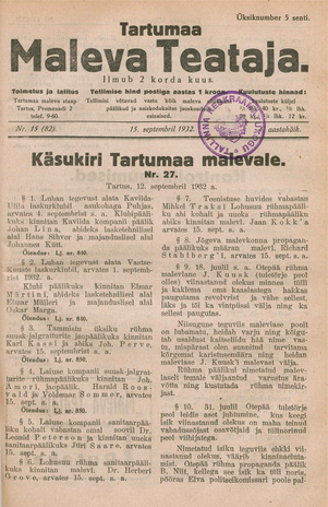 Tartumaa Maleva Teataja ; 15 (82) 1932-09-15
