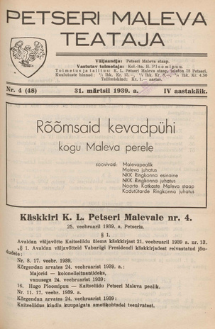 Petseri Maleva Teataja ; 4 (48) 1939-03-31