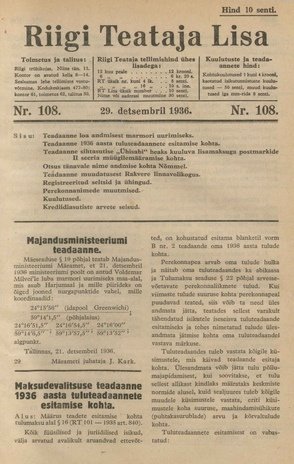 Riigi Teataja Lisa : seaduste alustel avaldatud teadaanded ; 108 1936-12-29