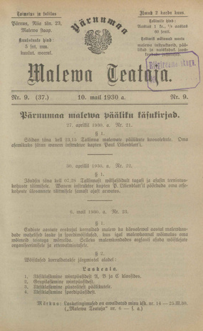 Pärnumaa Maleva Teataja ; 9 (37) 1930-05-10