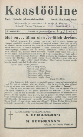 Kaastööline : Tartu Ühisabi Informatsioonileht ; 1 1937-01-04