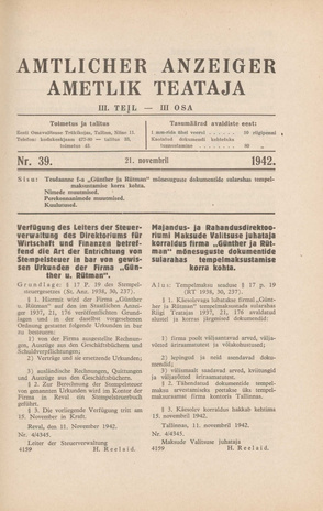 Ametlik Teataja. III osa = Amtlicher Anzeiger. III Teil ; 39 1942-11-21