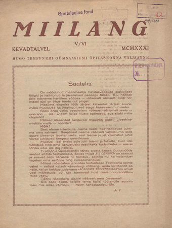 Miilang : Hugo Treffneri Gümnaasiumi õpilaskonna väljaanne ; V/VI 1931