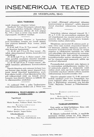 Insenerikoja Teated : ajakiri ; 1940-02-29