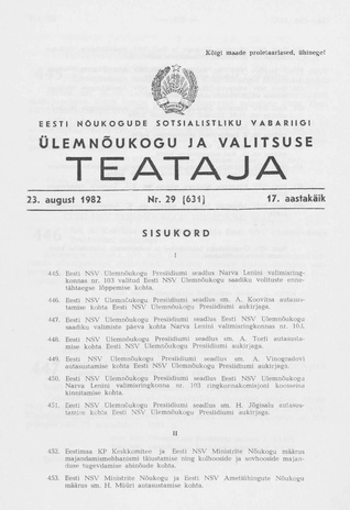 Eesti Nõukogude Sotsialistliku Vabariigi Ülemnõukogu ja Valitsuse Teataja ; 29 (631) 1982-08-23