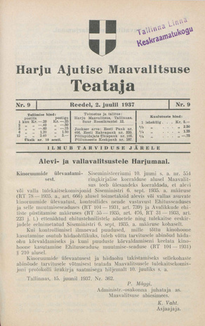 Harju Maavalitsuse Teataja ; 9 1937-07-02