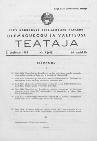 Eesti Nõukogude Sotsialistliku Vabariigi Ülemnõukogu ja Valitsuse Teataja ; 5 (698) 1984-02-03