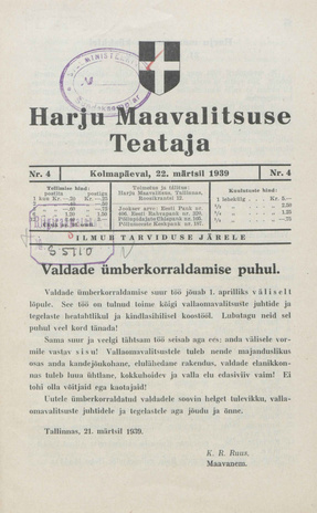 Harju Maavalitsuse Teataja ; 4 1939-03-22