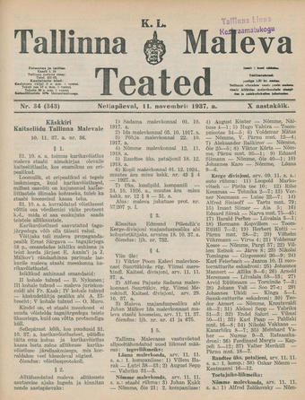 K. L. Tallinna Maleva Teated ; 34 (343) 1937-11-11