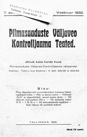 Piimasaaduste Väljaveo Kontrolljaama Teated ; 4 1930-02