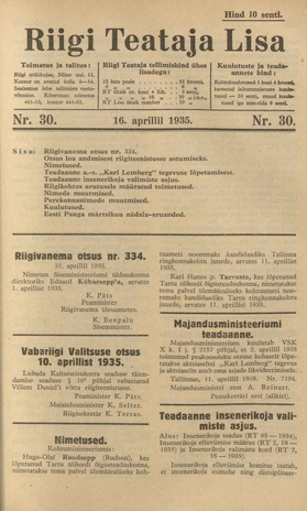 Riigi Teataja Lisa : seaduste alustel avaldatud teadaanded ; 30 1935-04-16