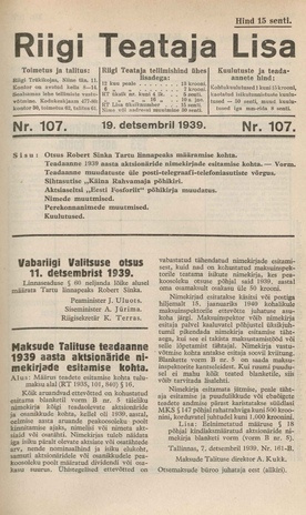 Riigi Teataja Lisa : seaduste alustel avaldatud teadaanded ; 107 1939-12-19