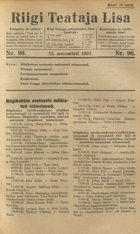 Riigi Teataja Lisa : seaduste alustel avaldatud teadaanded ; 96 1937-11-12