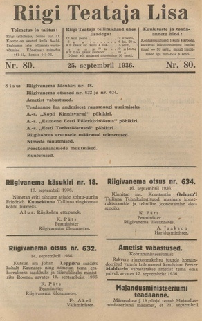 Riigi Teataja Lisa : seaduste alustel avaldatud teadaanded ; 80 1936-09-25