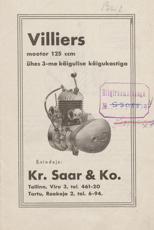 Villiers mootor 125 ccm ühes 3-me käigulise käigukastiga : esindaja: Kr. Saar & Ko : [juhend ja hinnakiri]