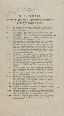 Verzeichniss der von der Ehstländischen Gouvernements-Regierung im Jahre 1839 erlassenen Publicate