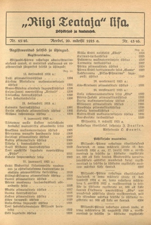 Riigi Teataja Lisa : seaduste alustel avaldatud teadaanded ; 45/46 1925-03-20