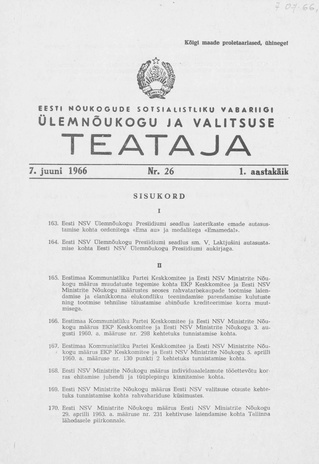 Eesti Nõukogude Sotsialistliku Vabariigi Ülemnõukogu ja Valitsuse Teataja ; 26 1966-06-07