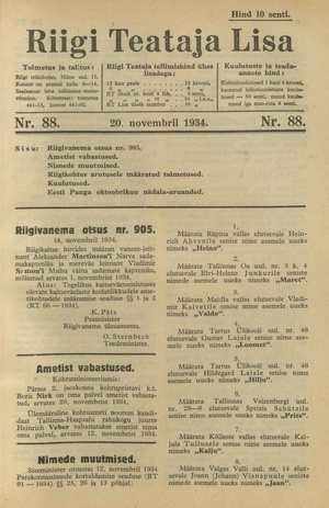 Riigi Teataja Lisa : seaduste alustel avaldatud teadaanded ; 88 1934-11-20