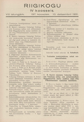 Riigikogu IV koosseis : täielikud protokollid : VIII istungjärk : protokoll nr. 197