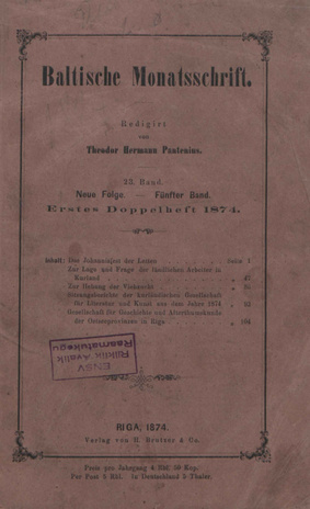 Baltische Monatsschrift ; 1 1874