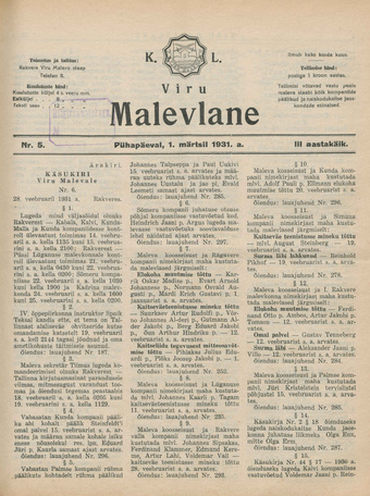 K. L. Viru Malevlane ; 5 1931-03-01