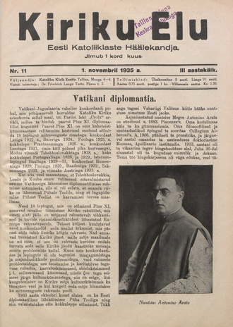 Kiriku Elu : Eesti Katoliiklaste Häälekandja ; 11 1935-11-01