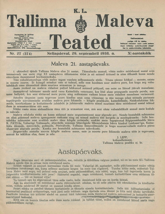 K. L. Tallinna Maleva Teated ; 27 (374) 1938-09-29