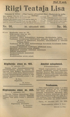 Riigi Teataja Lisa : seaduste alustel avaldatud teadaanded ; 90 1937-10-26