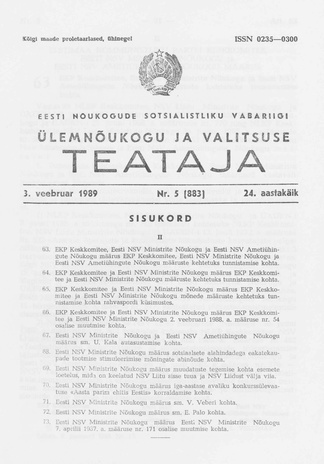 Eesti Nõukogude Sotsialistliku Vabariigi Ülemnõukogu ja Valitsuse Teataja ; 5 (883) 1989-02-03