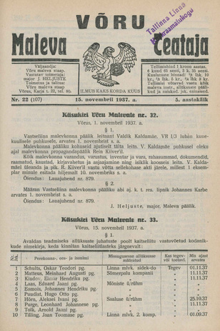 Võru Maleva Teataja ; 22 (107) 1937-11-15