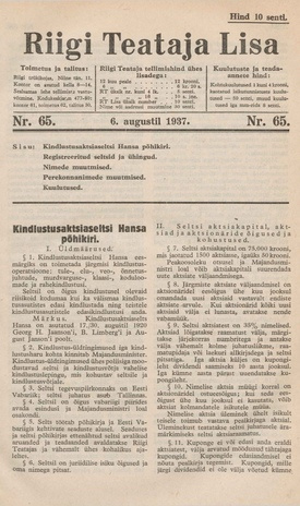 Riigi Teataja Lisa : seaduste alustel avaldatud teadaanded ; 65 1937-08-06