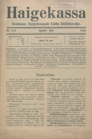 Haigekassa : Eestimaa Haigekassade Liidu häälekandja ; 1-2 1925-04