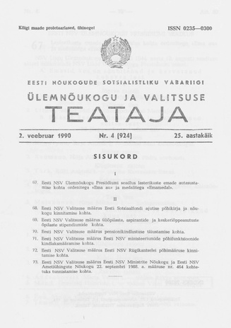 Eesti Nõukogude Sotsialistliku Vabariigi Ülemnõukogu ja Valitsuse Teataja ; 4 (924) 1990-02-02