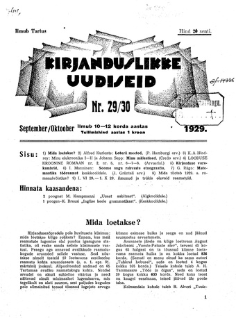 Kirjanduslikke uudiseid ; 29/30 1929