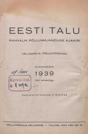 Eesti Talu : rahvalik põllumajanduse ajakiri ; 1 1939-01-20