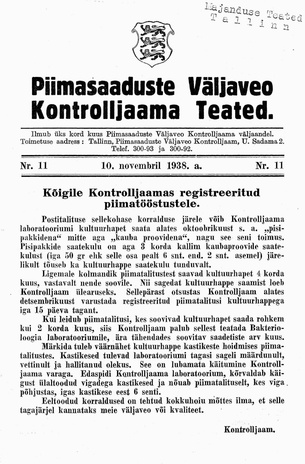 Piimasaaduste Väljaveo Kontrolljaama Teated ; 11 1938-11-10
