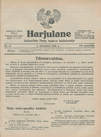 Harjulane : Kaitseliidu Harju Maleva häälekandja ; 15 1935-12-04