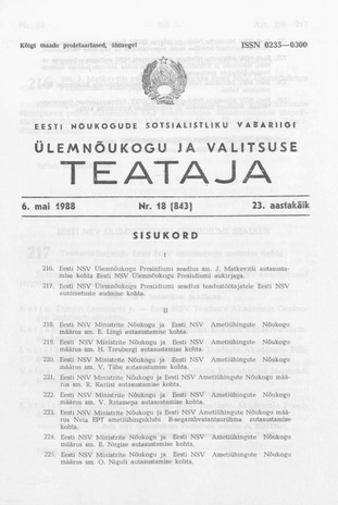 Eesti Nõukogude Sotsialistliku Vabariigi Ülemnõukogu ja Valitsuse Teataja ; 18 (843) 1988-05-06