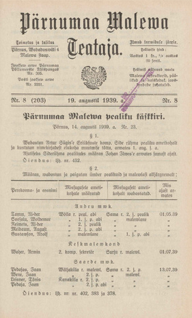 Pärnumaa Maleva Teataja ; 8 (203) 1939-08-19