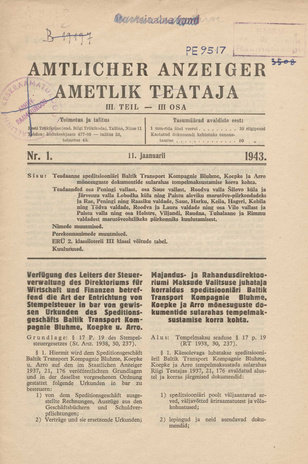 Ametlik Teataja. III osa = Amtlicher Anzeiger. III Teil ; 1 1943-01-11