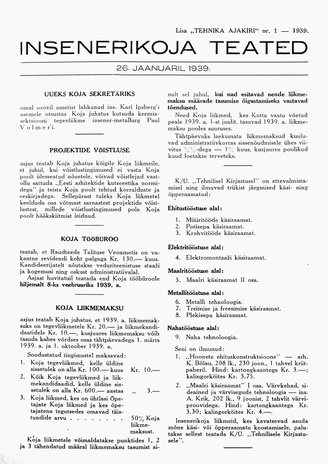 Insenerikoja Teated : ajakiri ; 1 1939-01-26