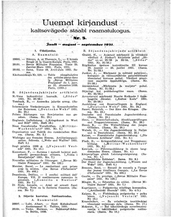 Uuemat Kirjandust Kaitsevägede Staabi raamatukogus ; 5 1931