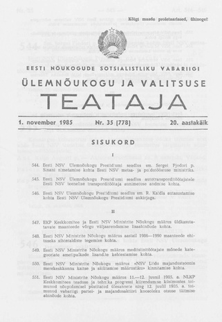 Eesti Nõukogude Sotsialistliku Vabariigi Ülemnõukogu ja Valitsuse Teataja ; 35 (778) 1985-11-01
