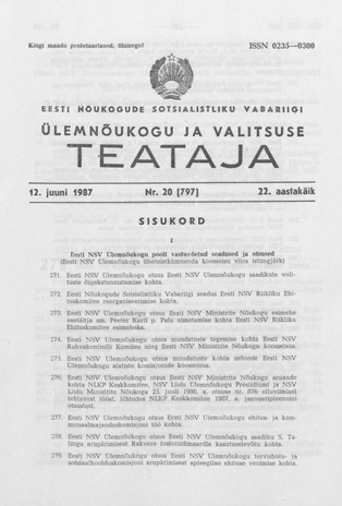 Eesti Nõukogude Sotsialistliku Vabariigi Ülemnõukogu ja Valitsuse Teataja ; 20 (797) 1987-06-12