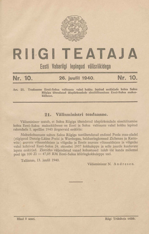 Riigi Teataja. Eesti Vabariigi lepingud välisriikidega ; 10 1940-07-26