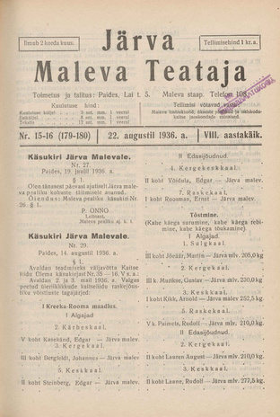 Järva Maleva Teataja ; 15-16 (179-180) 1936-08-22