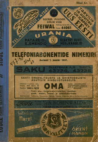 Telefoniabonentide nimekiri : andmeil 1. juuniks 1937 