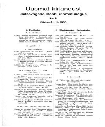 Uuemat Kirjandust Kaitsevägede Staabi raamatukogus ; 2 1935