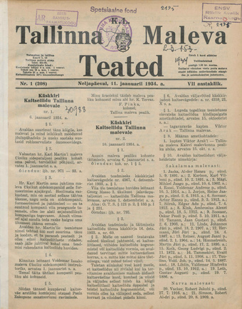 K. L. Tallinna Maleva Teated ; 1 (208) 1934-01-11
